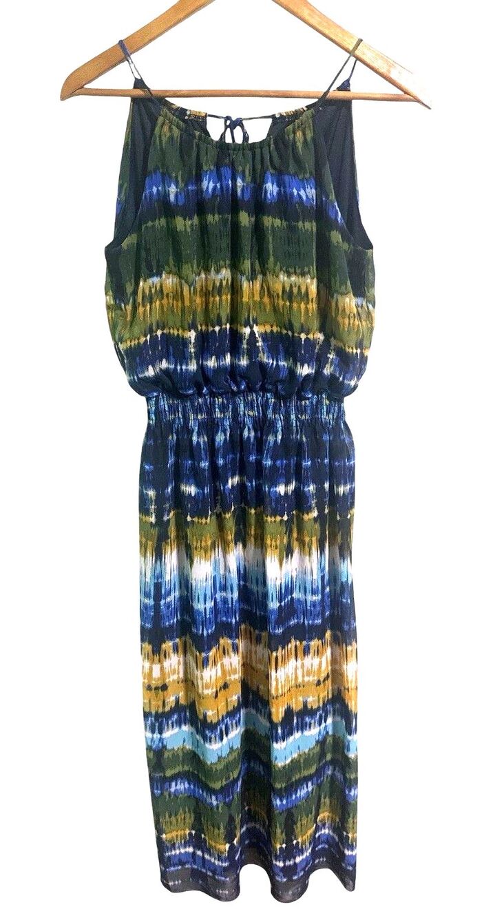 Enfocus Studio Maxi Dress Size 8 Blue Green Abstract Sleeveless Smocked Halter